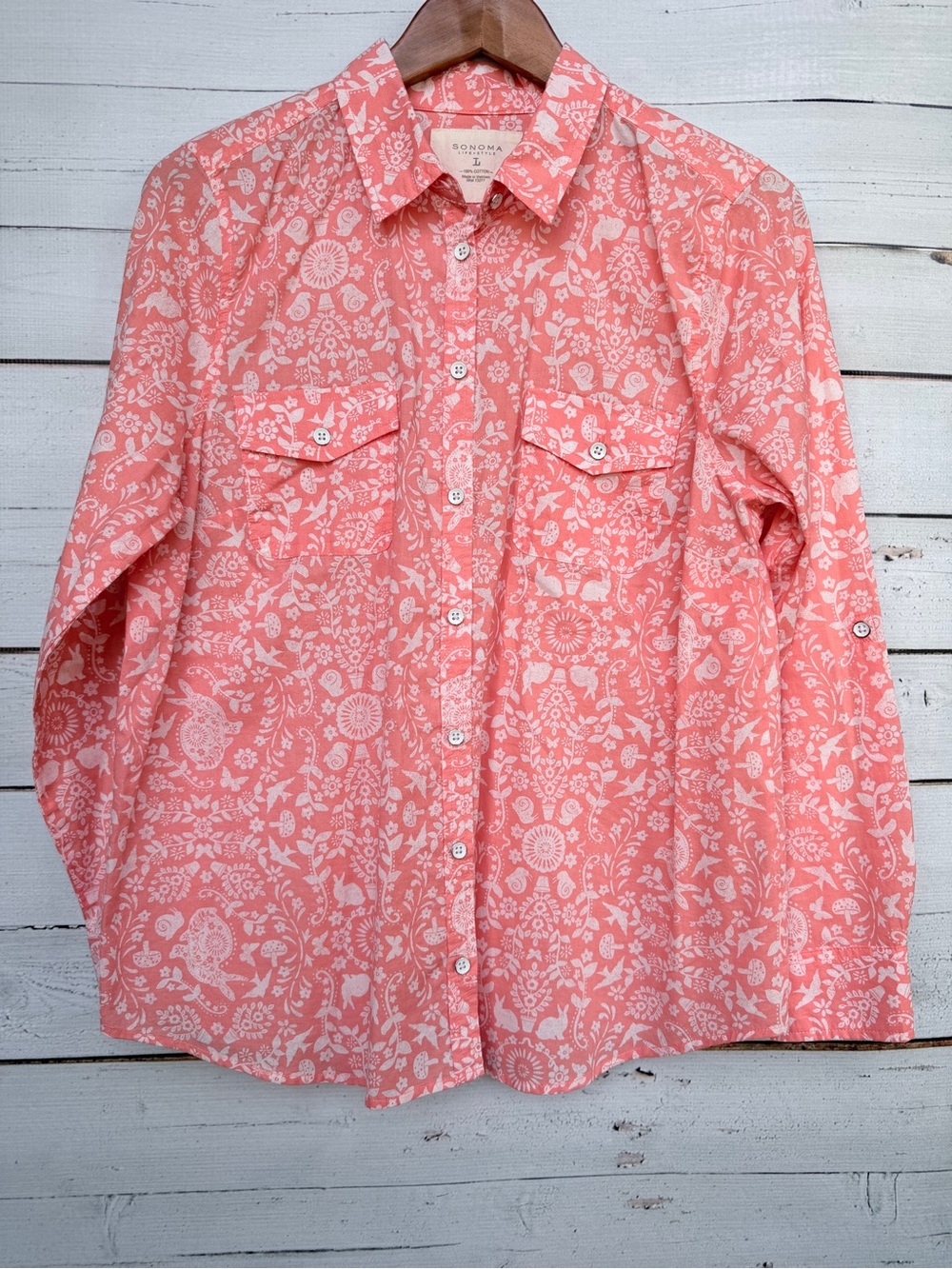 Sonoma Life + Style 100% Cotton Floral Roll-Tab Button Down Shirt - Large